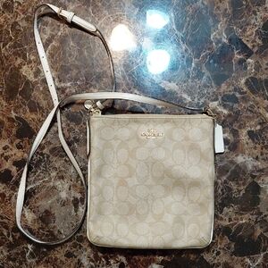 Coach Signature Logo North South Khaki and Cream Crossbody Bag
